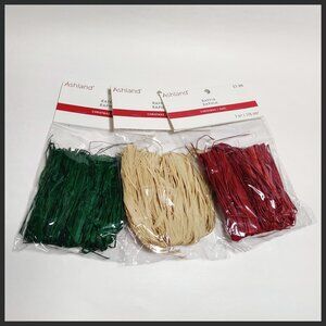 3 Packages Christmas Raffia by Ashland - Green, Natural, Red - 7 cu. in. each